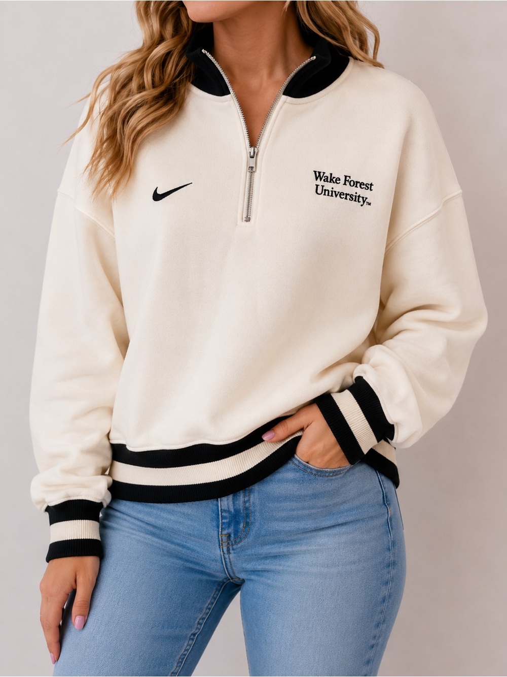 Nike Cream Crewneck Sweatshirt with Black Embroidered Logo